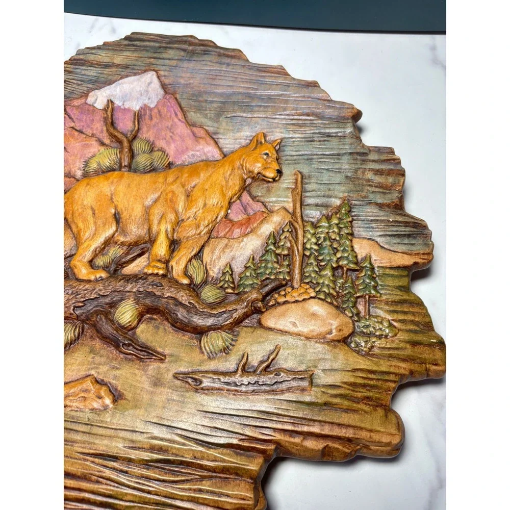 Vintage 3D Mountain Lion Relief Wall Plaque Rustic Wildlife Cabin Decor 12.5in